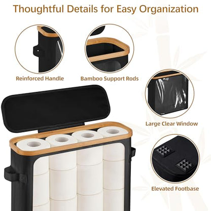 Livole Toilet Paper Storage Basket with Lid & Toilet Tank Basket | Free Standing, Large Capacity for 20 Regular Rolls or 15 Mega Rolls, Dual Handles, Clear Side Window, Bathroom, Black - color: Black