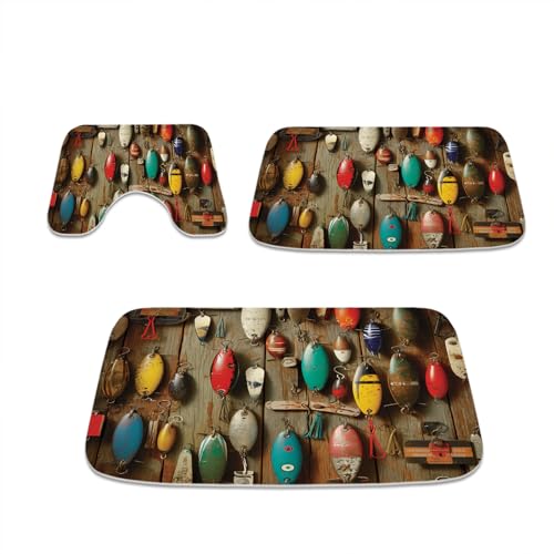 Farmhouse Rustic Vintage Fish Bathroom Rugs and Mats Sets 3 Piece, Memory Foam Bath Mat, U-Shaped Contour Shower Mat Non Slip Absorbent, Velvet Washable 20 x 31 inch Brown - color: Color18