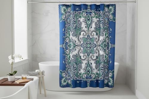 Boho Shower Curtain, Navy Teal White Mandala Floral Design, Fabric, 72 x 72 inches, Stain-Resistant, Paisley Pattern, with Hooks - color: Blue