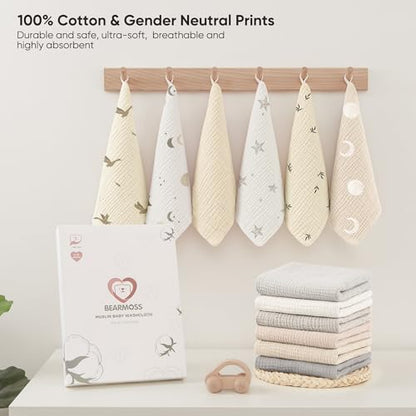 Bearmoss 12 Pack Baby Muslin Washcloths, 100% Cotton 10"x10" Face Towels | Soft Absorbent Bath Wash Cloths and Burp Cloths for Newborn Infants Kids Girls & Boys (Apricot) - color: Apricot