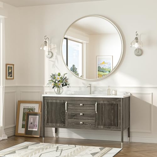 36 in Round Brushed Nickel Mirror, Tempered Shatterproof Circle Wall Mirror, Farmhouse Metal Mirrored for Restroom, Entryway, Bedroom, Vanity, Living Room - size: 36"L x 36"W