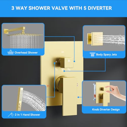 Brushed Gold Shower System with Body Jets, STARBATH 12 Inch Rainfall Shower System and 2 in 1 Handheld Spray Shower Jets System in Wall, Complete Wall Mounted 3 Way Shower Faucet Set with Valve Kit - color: Gold, size: 12"-03