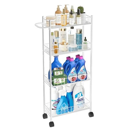 Utility Slim Storage Cart, 4-Tier Storage Cart, Narrow Cart with Handle, 7.1 Inches Deep, Metal Frame, for Kitchen, Dining Room, Living Room, Home Office, Rustic Brown and Classic (4 Tier White) - color: 4 Tier White