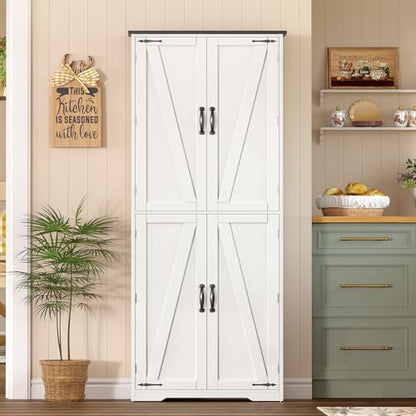 Tall Pantry Cabinet, Kitchen Cabinet with 4 Shelves, Adjustable Shelves, Pantry Cabinets with 4 Barn Doors, Tall Kitchen Cabinets for Dining Room, Living Room, White - color: White 4 Doors