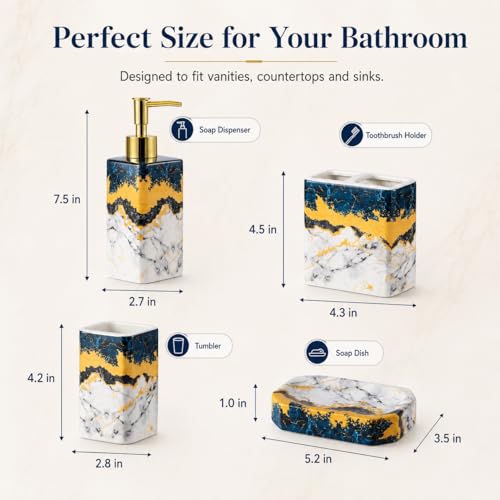 4 Piece Bathroom Accessories Set - Blue Bathroom Accessory Sets Includes Lotion Dispenser, Toothbrush Holder Tumbler, and Soap Dish - Glossy Finish (Marble, Blue) - color: Blue
