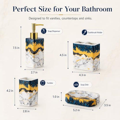 4 Piece Bathroom Accessories Set - Blue Bathroom Accessory Sets Includes Lotion Dispenser, Toothbrush Holder Tumbler, and Soap Dish - Glossy Finish (Marble, Blue) - color: Blue
