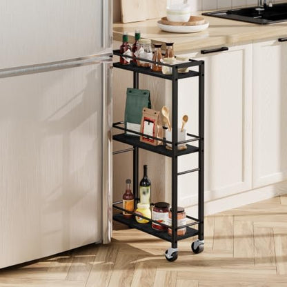 MAHANCRIS Slim Rolling Cart, Mobile Kitchen Cart on Wheels, Narrow Storage Cart for Small Space, Small Bar Cart, for Bathroom, Laundry, Living Room, Black RCHB1501 - color: Black