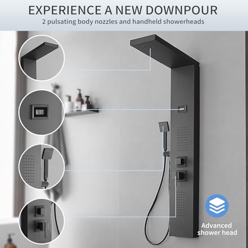 Bathroom Shower Panel Shower Tower System with 100 Body Massage Nozzle Jets, Shower Wall Panels Rainfall Shower Head with Temperature Display, Stainless Steel, Black