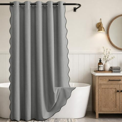 Furlinic Grey Scalloped Shower Curtain No Hook 84 Inch Long Fabric Modern | Linen Waterproof Farmhouse Bathroom Curtains 72x84 Luxury Weighted Tall Neutral Hotel Cute Heavy Duty Chic Washable Cloth Spa - color: Pebble Gray, size: 72"W x 84"L (Pack of 1)