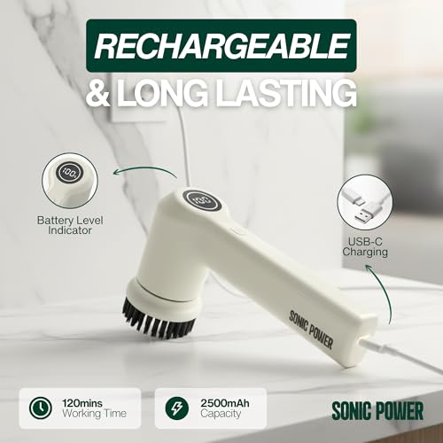 SonicPower Electric Spin Scrubber – Handheld & Ergonomic, IPX7 Waterproof, 4 Multi-Purpose Brush Heads, Long-Lasting Rechargeable Battery – Cleans Dishes, Bathroom, Tile, Grout & Kitchen (Beige) - color: Beige