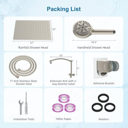 Hibbent Metal 12" High Pressure Rain Shower Head Combo, Brushed Nickel | cUPC Certified Rainfall Shower Head with handheld 10 Sprays, 16'' Adjustable Extension Arm, 71'' Hose, Showerhead Holder - color: Brushed Nickel, style: Square 12''