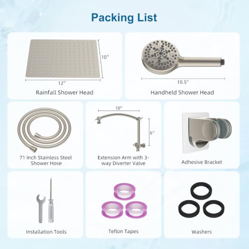 Hibbent Metal 12" High Pressure Rain Shower Head Combo, Brushed Nickel | cUPC Certified Rainfall Shower Head with handheld 10 Sprays, 16'' Adjustable Extension Arm, 71'' Hose, Showerhead Holder - color: Brushed Nickel, style: Square 12''