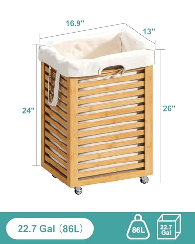 Laundry Hamper, 22.7 Gallon (86L) Bamboo Wood Clothes Laundry Basket with Wheels and Handles, Removable Liner - color: Natural
