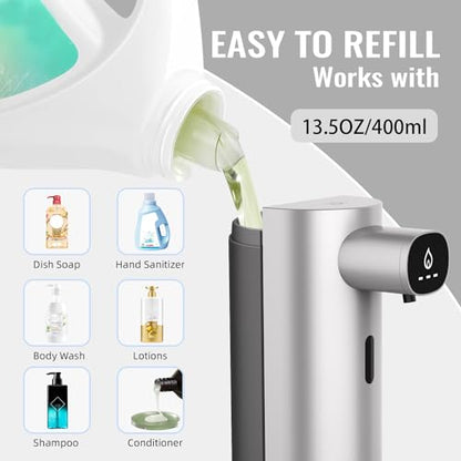 Automatic Liquid Soap Dispenser Touchless, USB Rechargeable Smart Hand Soap Dispenser, 13.5oz/400ml, 3-Level Adjustable, Compatible with Thick Thin Dish Soap for Bathroom Kitchen, Clog-Free (Silver) - color: Silver