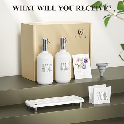 Cisily Kitchen Soap Dispenser Set Comes with Ceramics Sponge Holder, Gold Pumps, and Instant Dry Tray, Hand and Dish Soap Dispenser Set (4, Silver + White + Sponge Holder) - color: Silver + White + Sponge Holder