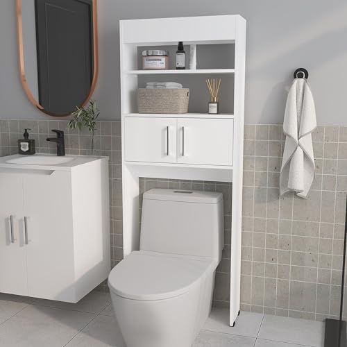Over-The-Toilet Bathroom Storage Cabinet with Shelves, Space-Saving Bathroom Organizer with 2 Doors, Tall Toilet Shelf Cabinet for Bathroom Storage & Organization