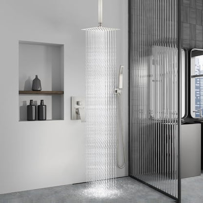 Aolemi Ceiling Shower Faucet with Handheld 8 Inch Head Brushed Nickel | Shower Valve and Trim Kit,SUS304 Rain Head and Handle Set System,All Metal,Bathroom, Handheld Spray - color: Nickel, size: 8 Inch Ceiling Shower Head