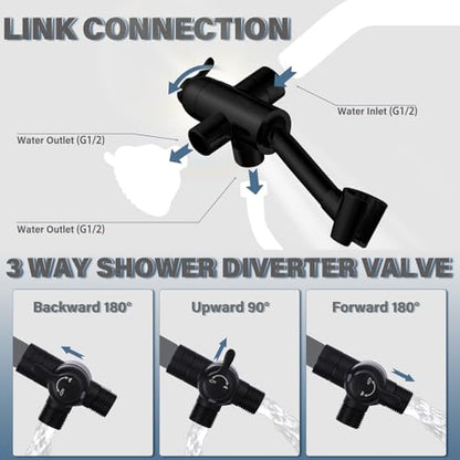 All Metal Shower Diverter Valve With HandShower Holder - Upgraded 3 Way Shower Head for Handheld and Fixed Rain Showerhead - Universal G1/2 Arm, Bathroom Part, Matte Black - color: Black