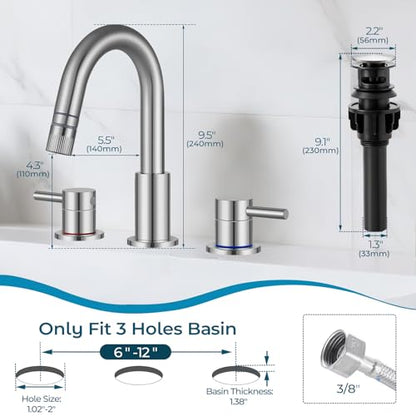 8 Inch 3 Hole Brushed Nickle Pull Down Bathroom Sink Faucet | Stainless Steel,Two Water Flow Modes,Brushed Nickle,3 hole Widespread,Pop-up Drain,Water Supply Hoses,Pull Down Sprayer, - color: A-Brushed Nickel