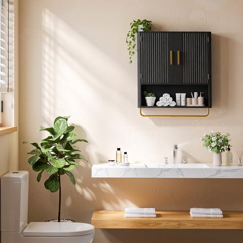 Bathroom Wall Cabinet, Medicine Cabinet with Fluted Door & Adjustable Shelf | Over The Toilet Storage Cabinet with Towel Bar, Space-Saving Cabinet Wall Mount for Laundry Room, Kitchen, Living Room - color: Black
