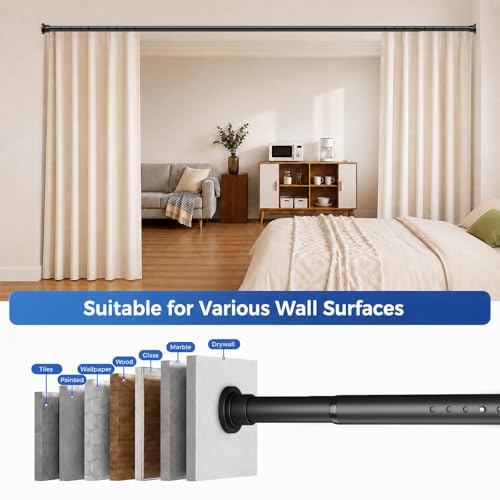 ALLZONE Tension Curtain Rod for Windows, 123 to 160 Inch, Heavy Duty Extra Long Curtain Rods, Non-Slip Bathroom Shower Tension Rod, Renter Friendly, Adjustable, Spring Loaded, Black - color: Black, size: 123-160 Inches