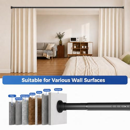 ALLZONE Tension Curtain Rod for Windows, 123 to 160 Inch, Heavy Duty Extra Long Curtain Rods, Non-Slip Bathroom Shower Tension Rod, Renter Friendly, Adjustable, Spring Loaded, Black - color: Black, size: 123-160 Inches