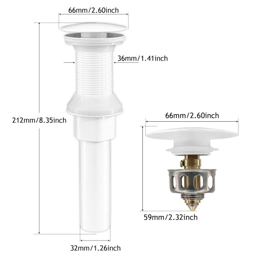 Bathroom Sink Drain,2 Pack White Drain Stopper Bathroom Sink Without Overflow,Pop Up Drain Assembly with Detachable Strainer Basket,Built-in Anti-Clogging, Stainless Steel Nut - color: 2 Pack-white-big Cap, style: Without Overflow