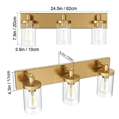 Aipsun Gold Vanity Light 3 Lights Bathroom Vanity Lighting Fixtures Over Mirror Bathroom Wall Light with Clear Glass Shade(Exclude Bulb) - color: Gold, size: 3-Light