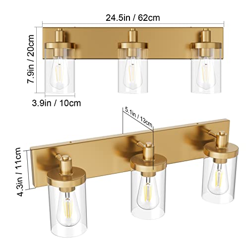 Aipsun Gold Vanity Light 3 Lights Bathroom Vanity Lighting Fixtures Over Mirror Bathroom Wall Light with Clear Glass Shade(Exclude Bulb) - color: Gold, size: 3-Light