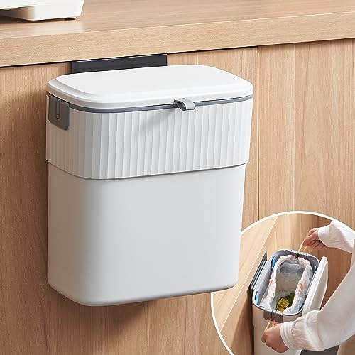 COCOYA Hanging Trash Can with Lid, 2.3 Gallon Kitchen Garbage Bin Food Waste Container Convenient Durable Over Cabinet Door RV Counter Camping Cupboard Under Sink Compost Bathroom Wall Mounted