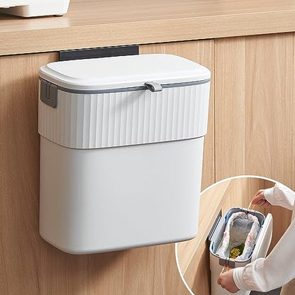COCOYA Hanging Trash Can with Lid, 2.3 Gallon Kitchen Garbage Bin Food Waste Container Convenient Durable Over Cabinet Door RV Counter Camping Cupboard Under Sink Compost Bathroom Wall Mounted