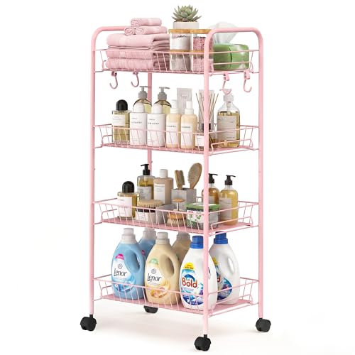 PLKOW 4-Tier Rolling Utility Cart with Detachable Baskets, Pink | 4-tier steel cart with detachable baskets, anti-fall pads, hooks, and 360° wheels for compact home storage - color: Pink