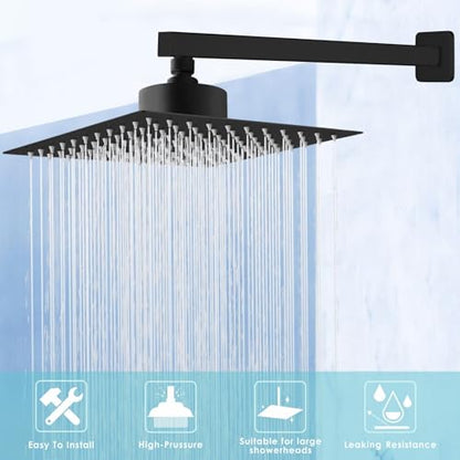 Shower Arm with Flange, 16 Inches Wall Mount Square Straight Extension Arm, Replacement of Fixed Rain Shower Head Pipe, Matte Black - color: Matte Black