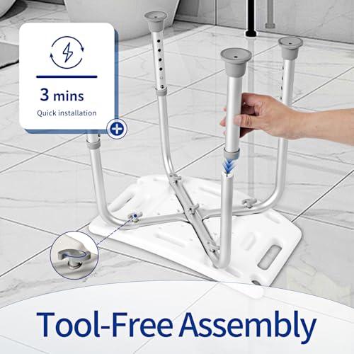 Heavy Duty Shower Chair with 6 Height Adjustments, 300 lbs Capacity Aluminum Frame, No Tool Required Assembly Bath Seat with EVA Cushion & Shower Holder for Elderly & Disabled