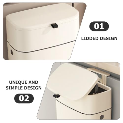 KOMBIUDA 12l Hanging Trash Can with Lid, Wall-Mounted Sealed Garbage Bin for Kitchen and Bathroom, No-Drill Installation, Plastic Waste Container in Light Beige for Home Organization