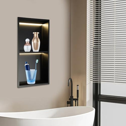 Stainless Steel Shower Niche, 2 Tiers Recessed Shower Niche, 12''x24'' Wall Nich Shower Shelf Insert w/ LED Light & Shelf, Embedded Storage Alcove Wall for Bathroom Storage(Black, LED, 12x24in)
