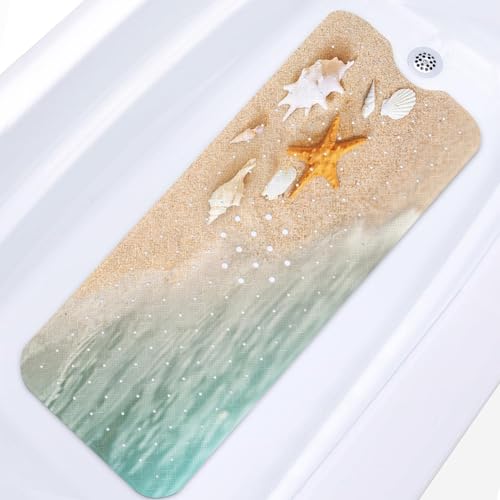 Bath Mat for Tub, Starfish Beach, 40 X 16 Inch, for Kids | Summer Sea Shell Extra Long Bathtub Mat Anti Slip with Suction Cups and Drain Holes for Kids Adults Elderly - color: Beach Starfish