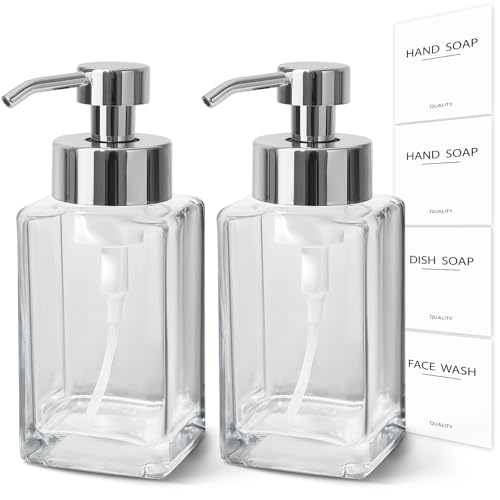 Foaming Soap Dispenser, 12oz/350ml Glass Hand Soap Dispenser Set, Refillable Foam Dispenser with Foaming Pump, Labels, Square Hand Dispenser for Bathroom, Kitchen 2 Pack - color: Clear Bottle + Silver Pump