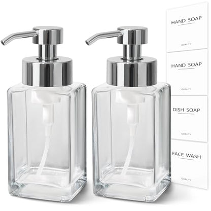 Foaming Soap Dispenser, 12oz/350ml Glass Hand Soap Dispenser Set, Refillable Foam Dispenser with Foaming Pump, Labels, Square Hand Dispenser for Bathroom, Kitchen 2 Pack - color: Clear Bottle + Silver Pump