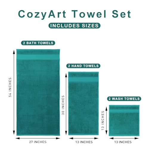 COZYART Bath Towel Set 6 PCS, Turquoise 100% Turkish Cotton 650GSM Soft | Absorbent Quick Dry, OEKO‑Tex 100 Cert. Zero Twist Ring Spun Cotton, Plush Fluffy, Breathable Hotel Quality Bathroom Towels - color: Turquoise