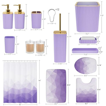 XLHOMO Bathroom Accessory Set - 26PC Bathroom Shower Curtain and Rug Set, Bathroom Accessories Set, Purple Bathroom Set with Trash Can, Toilet Brush, Qtip Holder & Soap Dispenser - style: Purple