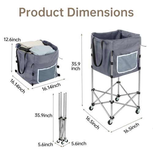 Laundry Basket with Wheels, 35.9" No-Bend Rolling Hamper, Grey | 600D washable bag, steel frame, foldable design, bathroom, dorm, bedroom, laundry room - color: Grey