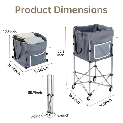 Laundry Basket with Wheels, 35.9" No-Bend Rolling Hamper, Grey | 600D washable bag, steel frame, foldable design, bathroom, dorm, bedroom, laundry room - color: Grey