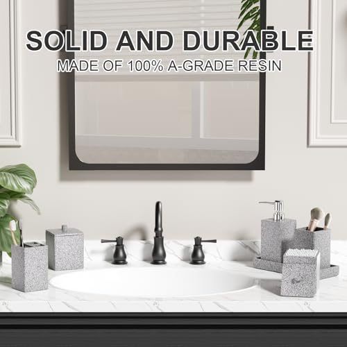 Gray Bathroom Accessories Set Resin 6PCS, Square Toothbrush Holders Set Complete with Soap Dispenser, Vanity Tray, Tumbler, Cups and Cotton Swab Jars for Counter, Sink or Small Spaces - color: Gray