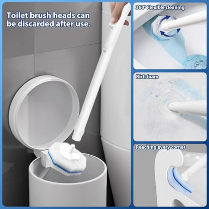 2 Pack Disposable Toilet Brush with 60 Refills, Wall Mounted Toilet Bowl Cleaner Wand Kit and Holder, Bathroom Cleaning Supplies, Toilet Scrubber Disposable Heads