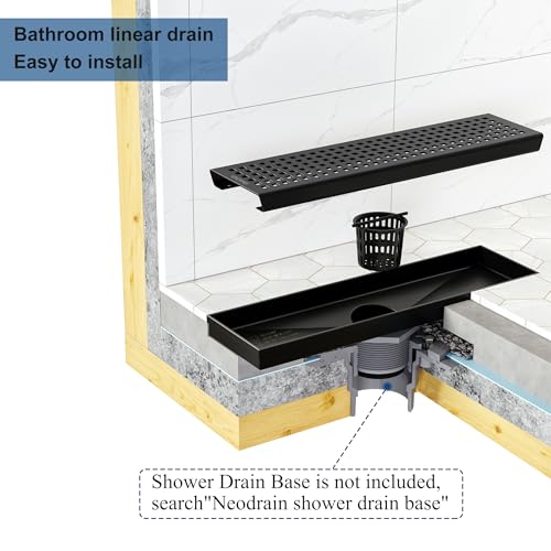 Neodrain 12" Linear Shower Drain, Matte Black 304 SS Bathroom Linear Drain | Black Shower Drain with Quadrato Grate& Adjustable Feet, Long Rectangle Shower Floor Drain in Bathroom, Balcony etc,cUPC - color: Matte Black, size: 12 In