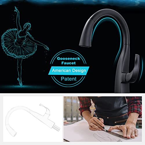 WOWOW Rv Kitchen Sink Faucet with Sprayer - Matte Black Kitchen Water Faucets with Pull Down Sprayer Laundry Sink Faucet, Single Handle Elegant Gooseneck Pull Out Black Faucets Black for Rv Farmhouse - color: Matte Black Faucet Kitchen, style: Kitchen Fau