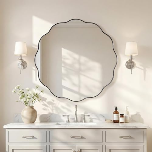 ANDY STAR Chrome Round Wall Mirror 32 inch, Polished Metal Frame Circle Bathroom Mirror in SUS304 Stainless Steel Frame, with Unique Modern Circular Wavy Design - color: Chrome, size: 32"L x 32"W