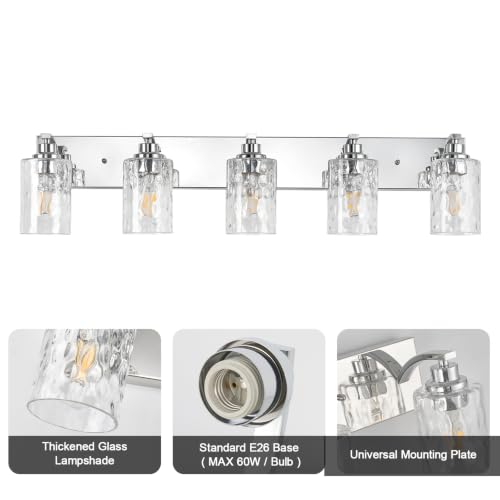 5-Light Bathroom Light Fixtures Modern Chrome Vanity Lights | Easy to Install Clear Hammered Glass Shades, Rippled Glow, Wall Mount Up or Down, E26 Socket, Hardwired, 120V - color: Chrome Hammer, size: 5 Lights