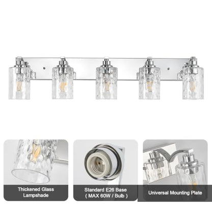 5-Light Bathroom Light Fixtures Modern Chrome Vanity Lights | Easy to Install Clear Hammered Glass Shades, Rippled Glow, Wall Mount Up or Down, E26 Socket, Hardwired, 120V - color: Chrome Hammer, size: 5 Lights
